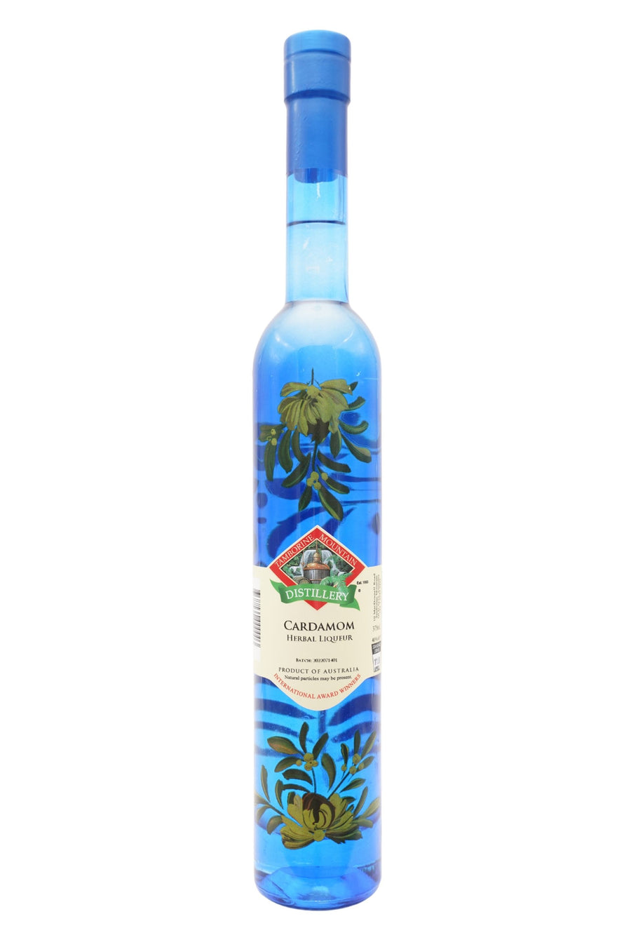 375ml handcrafted bottle of Tamborine Mountain Distillery’s Cardamom Liqueur, featuring botanical artwork, coloured glass, and small artisan label