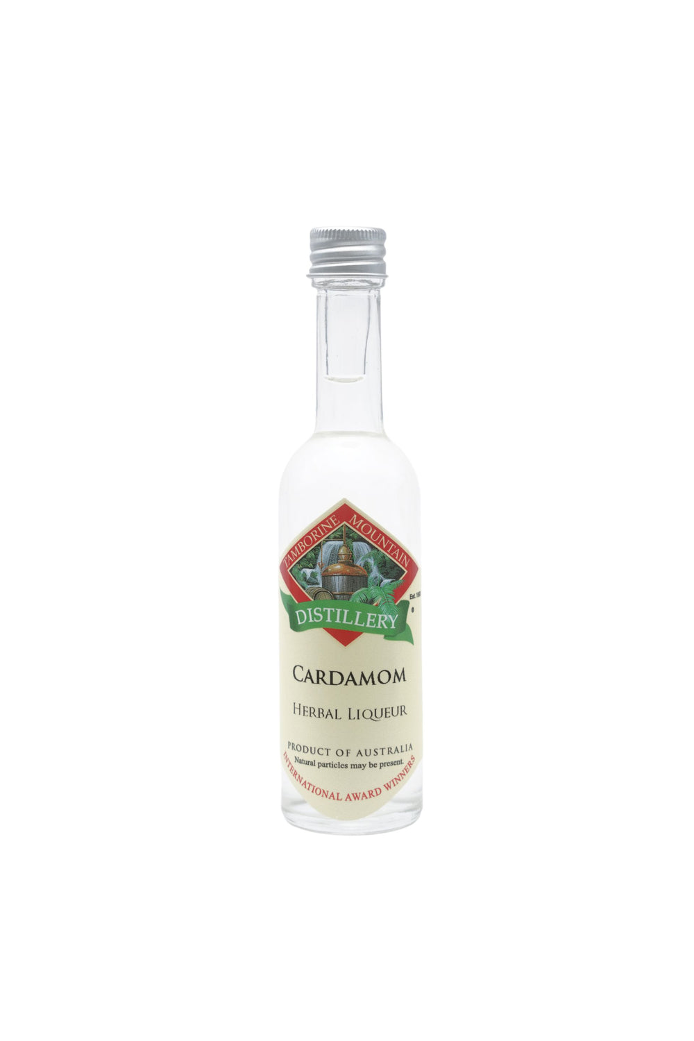 55ml handcrafted bottle of Tamborine Mountain Distillery’s Cardamom Liqueur, in clear glass with small artisan label