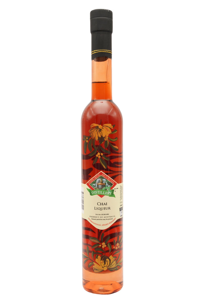 375ml handcrafted bottle of Tamborine Mountain Distillery’s Chai Liqueur, featuring botanical artwork, coloured glass, and small artisan label