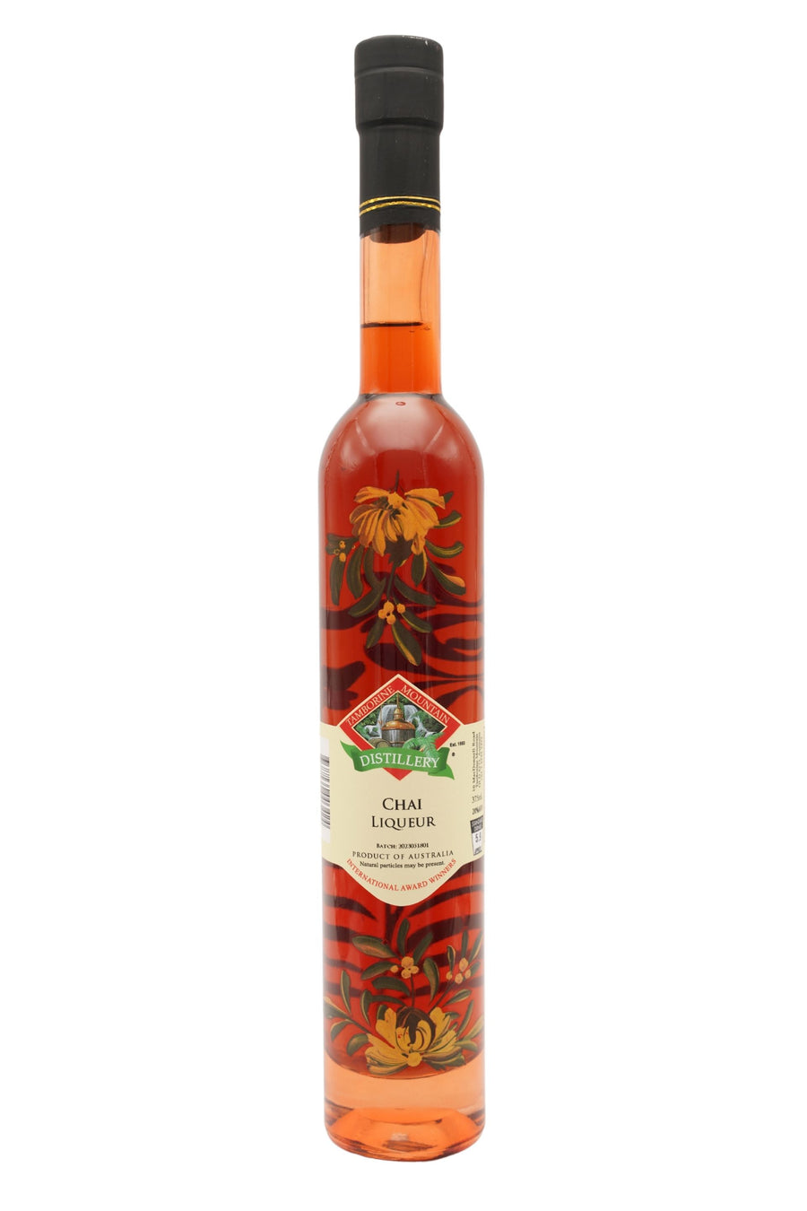 375ml handcrafted bottle of Tamborine Mountain Distillery’s Chai Liqueur, featuring botanical artwork, coloured glass, and small artisan label