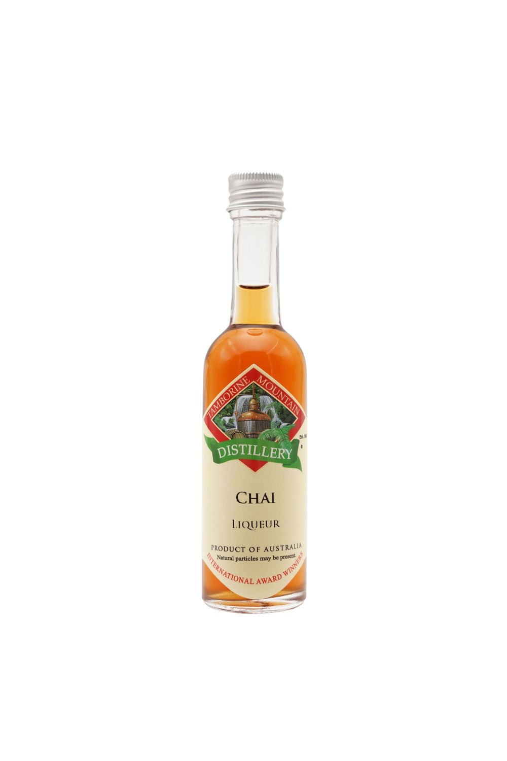 55ml handcrafted bottle of Tamborine Mountain Distillery’s Chai Liqueur, in clear glass with small artisan label