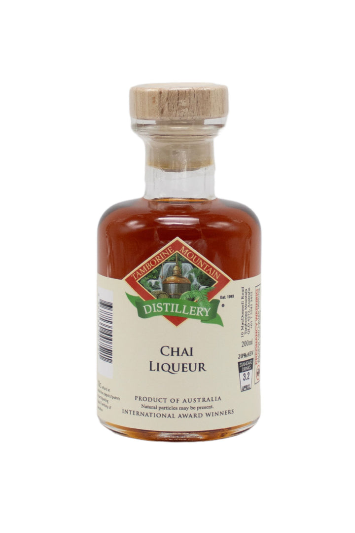 200ml handcrafted bottle of Tamborine Mountain Distillery’s Chai Liqueur, in clear glass with small artisan label