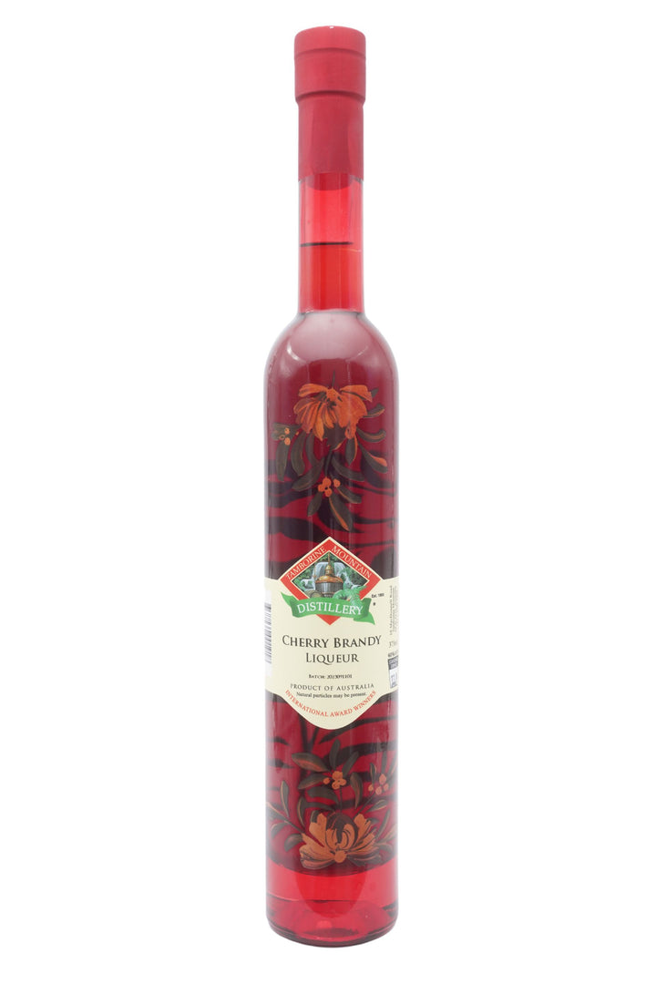 375ml handcrafted bottle of Tamborine Mountain Distillery’s Cherry Brandy Liqueur featuring botanical artwork, coloured glass, and small artisan label
