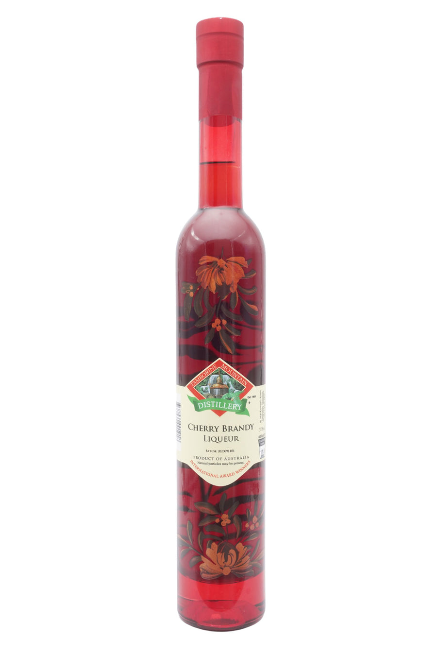375ml handcrafted bottle of Tamborine Mountain Distillery’s Cherry Brandy Liqueur featuring botanical artwork, coloured glass, and small artisan label