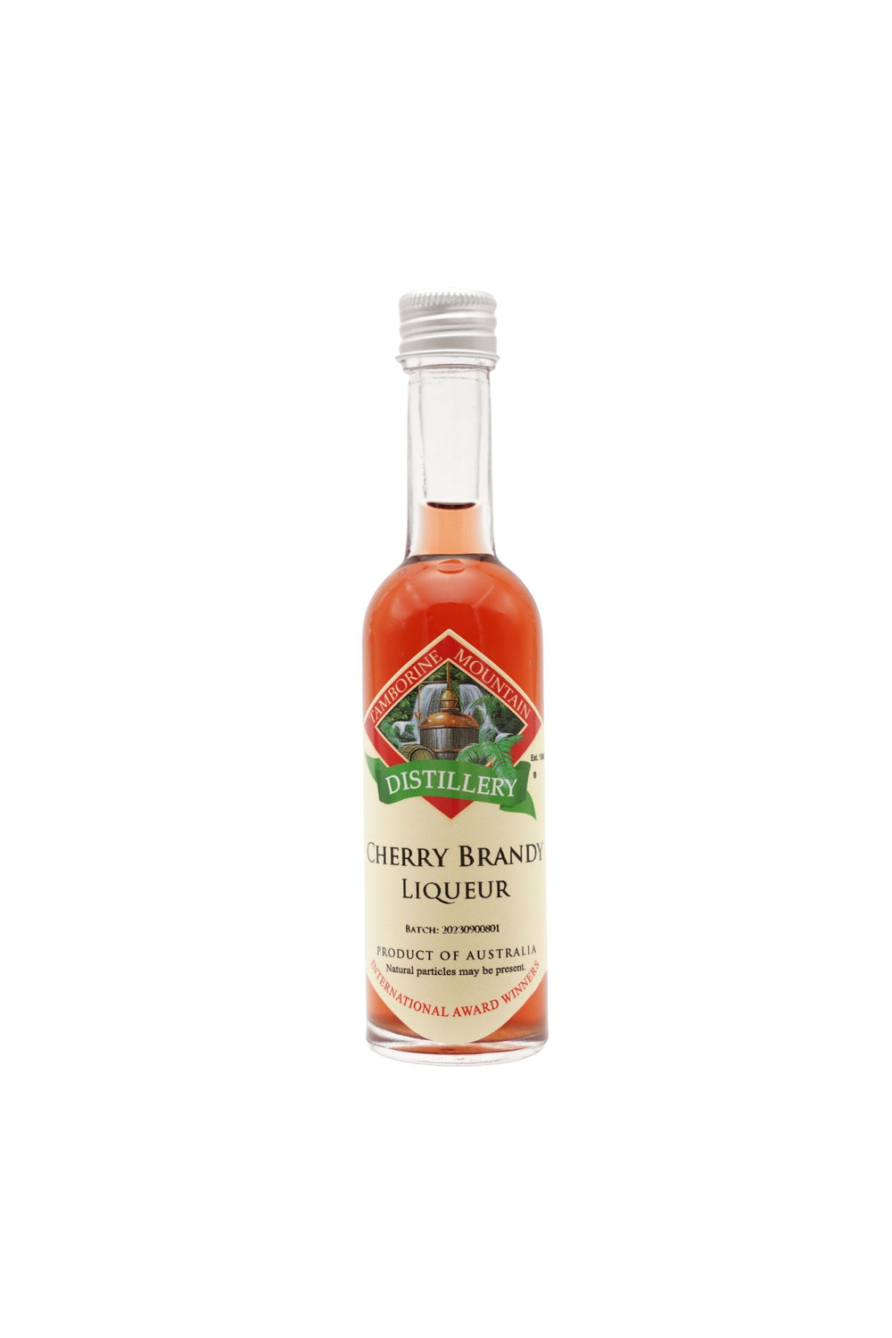 55ml handcrafted bottle of Tamborine Mountain Distillery’s Cherry Brandy Liqueur, in clear glass with small artisan label