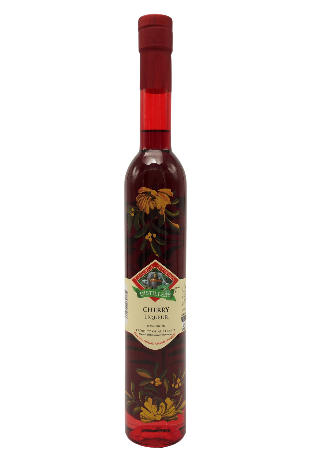 375ml handcrafted bottle of Tamborine Mountain Distillery’s Chery Liqueur, featuring botanical artwork, coloured glass, and small artisan label