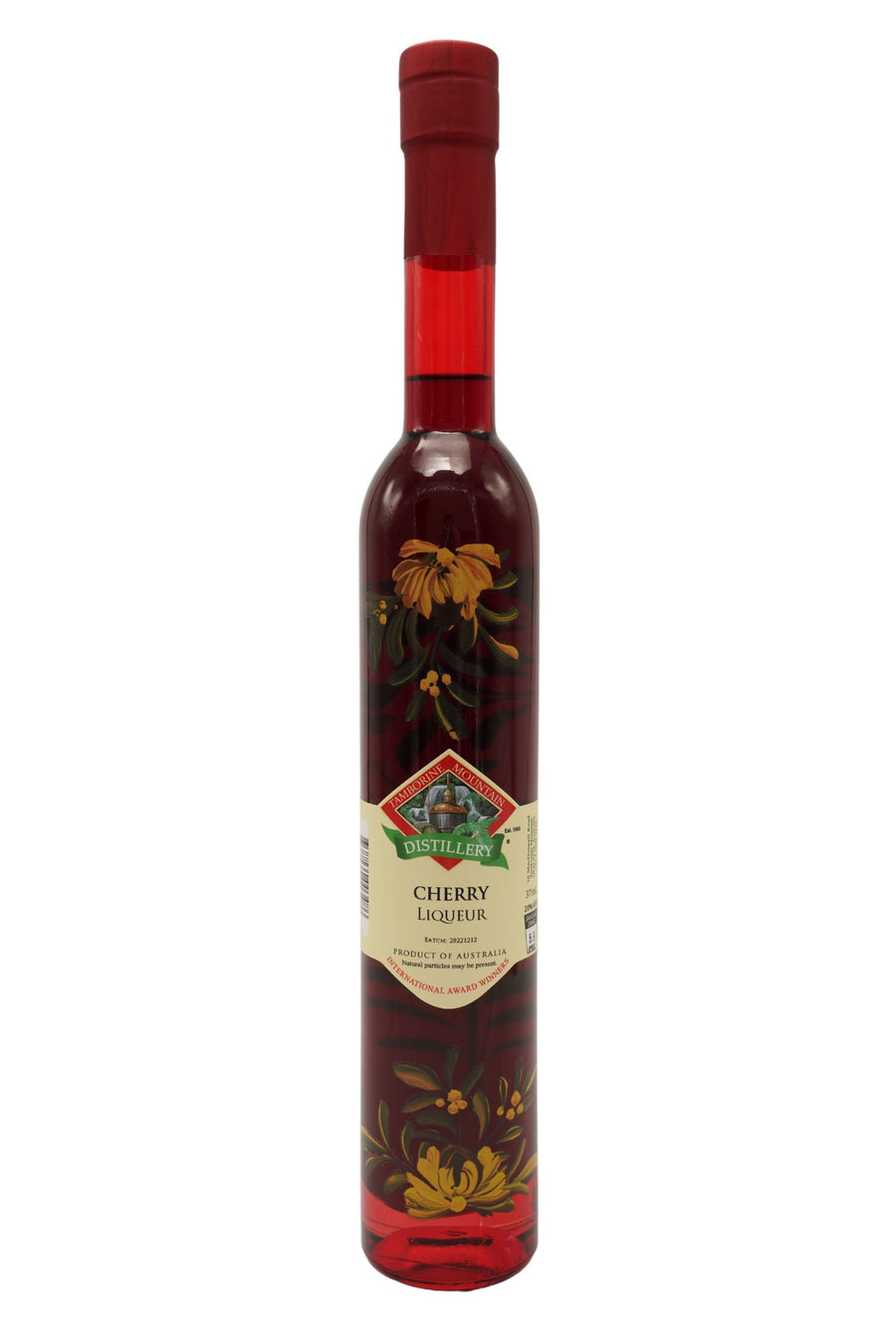 375ml handcrafted bottle of Tamborine Mountain Distillery’s Chery Liqueur, featuring botanical artwork, coloured glass, and small artisan label