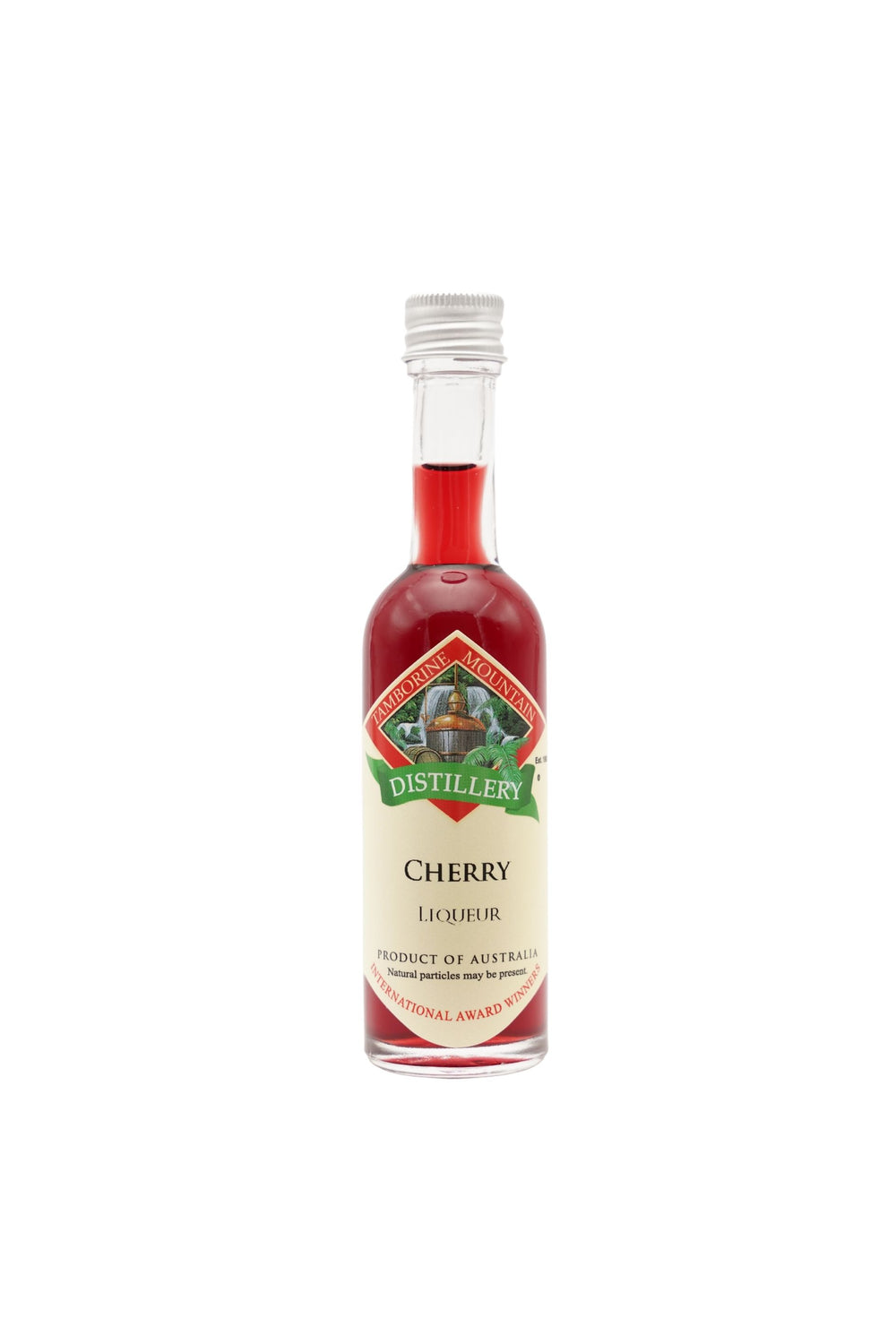 55ml handcrafted bottle of Tamborine Mountain Distillery’s Cherry Liqueur, in clear glass with small artisan label