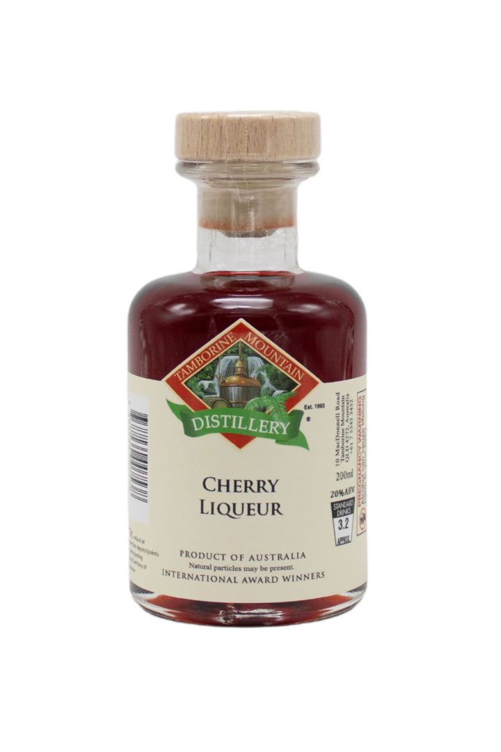 200ml handcrafted bottle of Tamborine Mountain Distillery’s Cherry Liqueur, in clear glass with small artisan label
