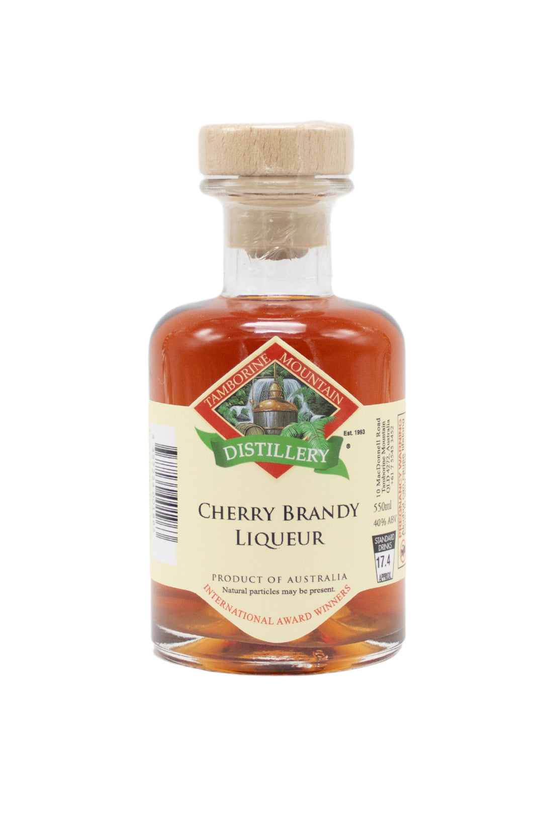 200ml handcrafted bottle of Tamborine Mountain Distillery’s Chery Brandy Liqueur, in clear glass with small artisan label