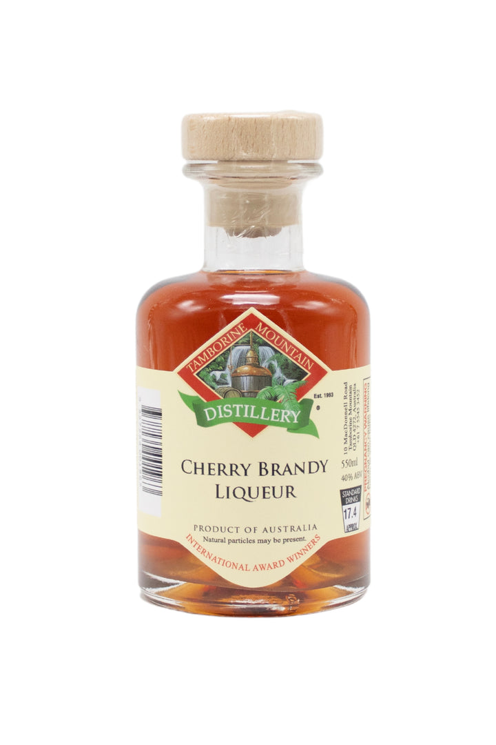 200ml handcrafted bottle of Tamborine Mountain Distillery’s Chery Brandy Liqueur, in clear glass with small artisan label