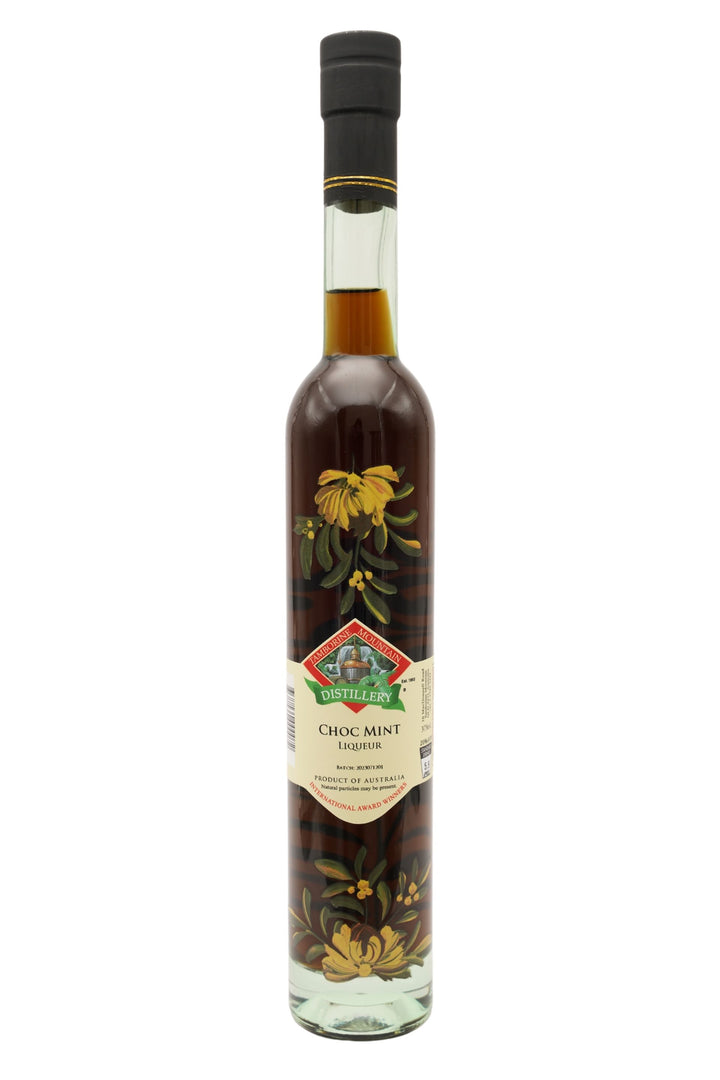 375ml handcrafted bottle of Tamborine Mountain Distillery’s Choc Mint Liqueur, featuring botanical artwork, coloured glass, and small artisan label