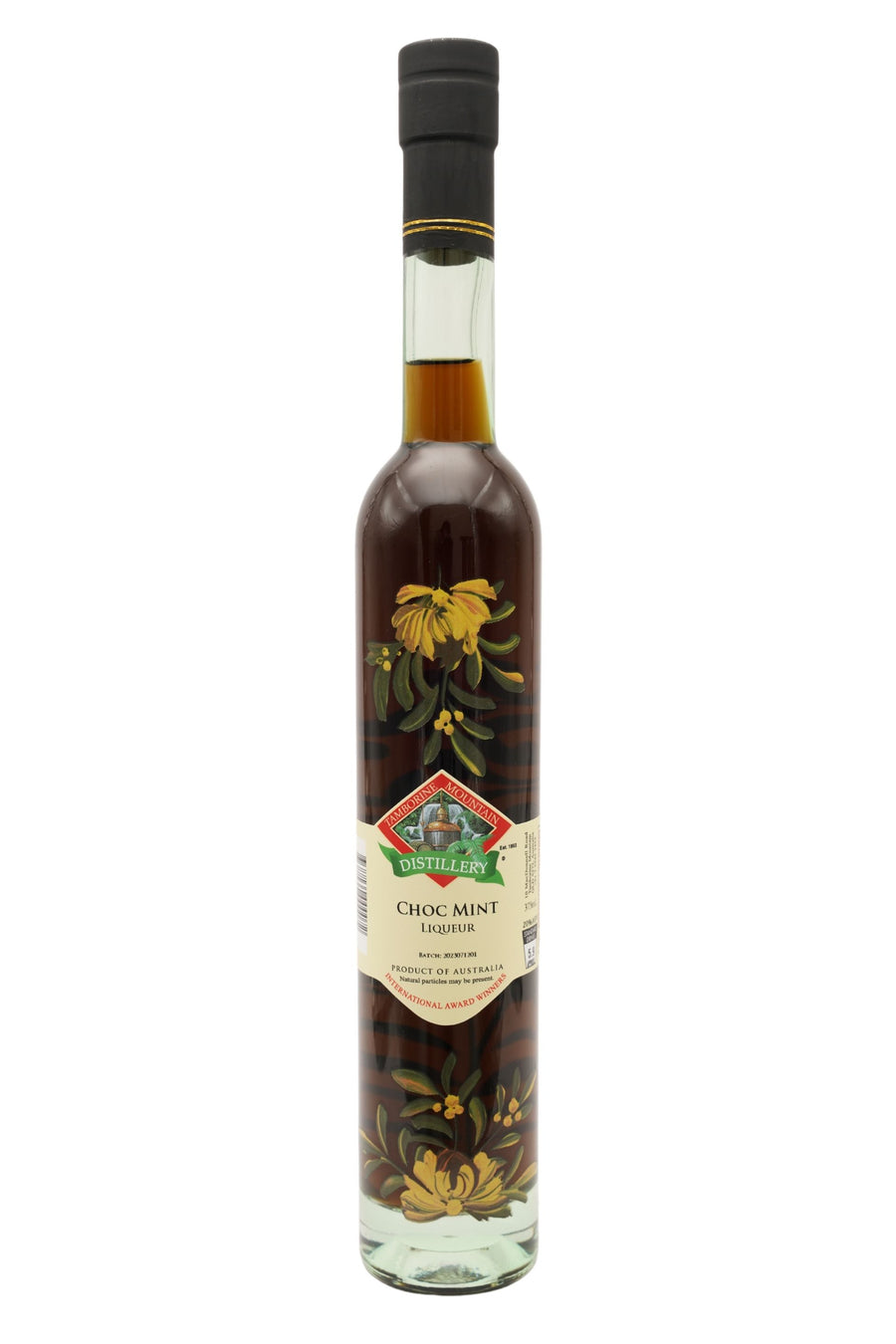 375ml handcrafted bottle of Tamborine Mountain Distillery’s Choc Mint Liqueur, featuring botanical artwork, coloured glass, and small artisan label