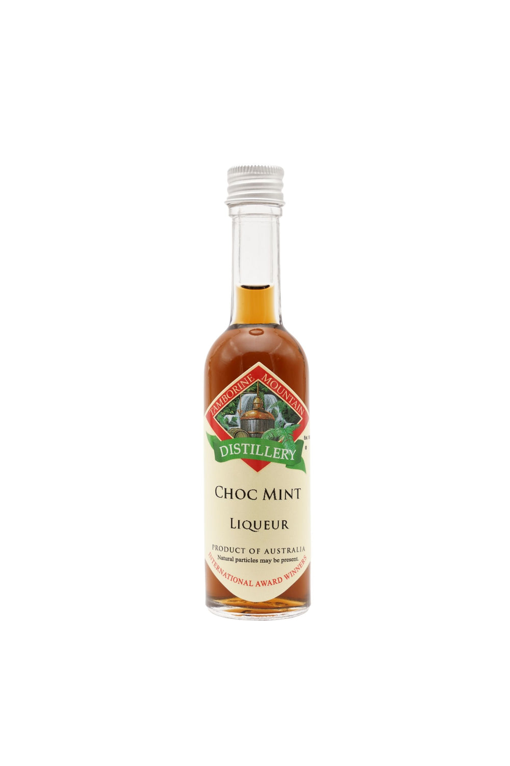 55ml handcrafted bottle of Tamborine Mountain Distillery’s Choc Mint Liqueur, in clear glass with small artisan label