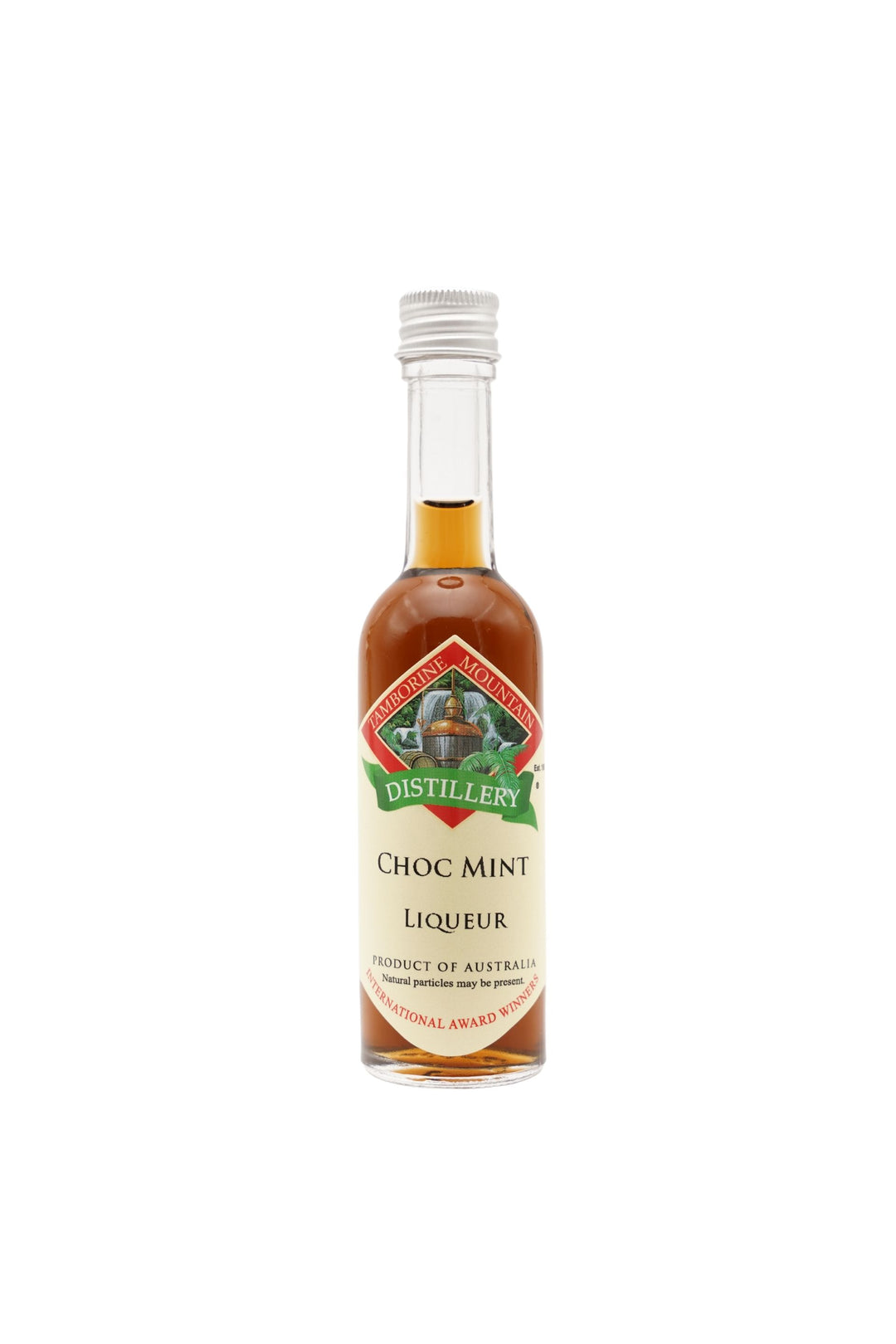 55ml handcrafted bottle of Tamborine Mountain Distillery’s Choc Mint Liqueur, in clear glass with small artisan label