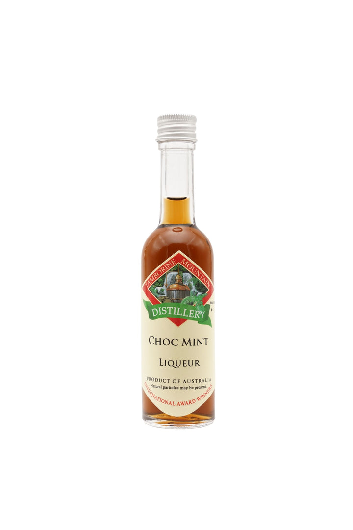55ml handcrafted bottle of Tamborine Mountain Distillery’s Choc Mint Liqueur, in clear glass with small artisan label