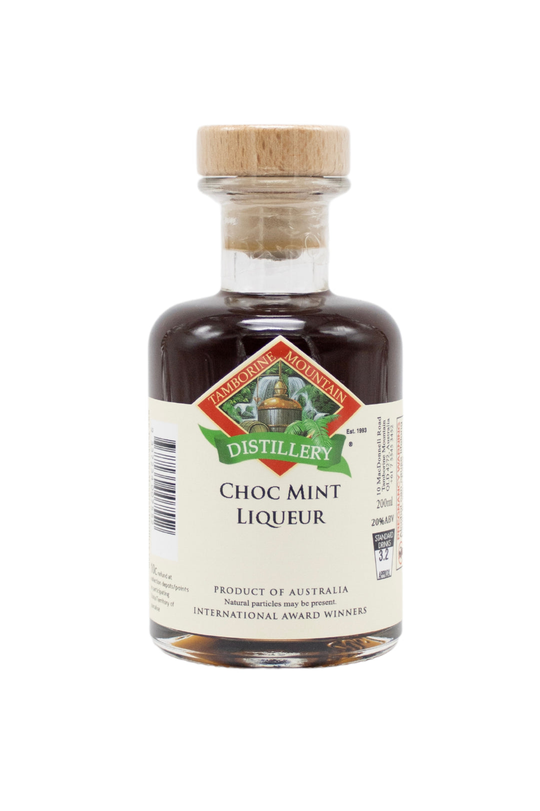 200ml handcrafted bottle of Tamborine Mountain Distillery’s Choc Mint Liqueur, in clear glass with small artisan label