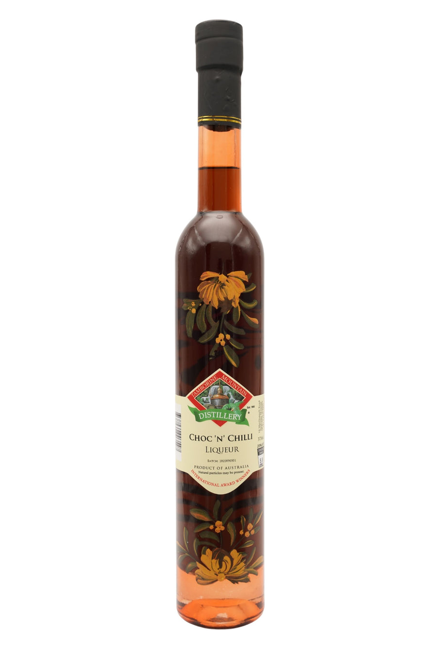 375ml handcrafted bottle of Tamborine Mountain Distillery’s Choc 'n' Chilli Liqueur, featuring botanical artwork, coloured glass, and small artisan label