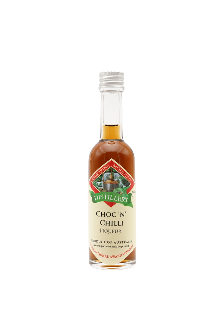 55ml handcrafted bottle of Tamborine Mountain Distillery’s Choc 'n' Chilli Liqueur, in clear glass with small artisan label