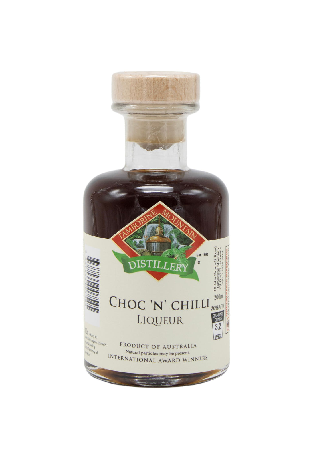 200ml handcrafted bottle of Tamborine Mountain Distillery’s Choc 'n' Chilli Liqueur, in clear glass with small artisan label