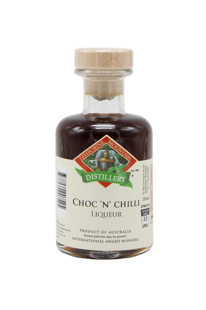 200ml handcrafted bottle of Tamborine Mountain Distillery’s Choc 'n' Chilli Liqueur, in clear glass with small artisan label