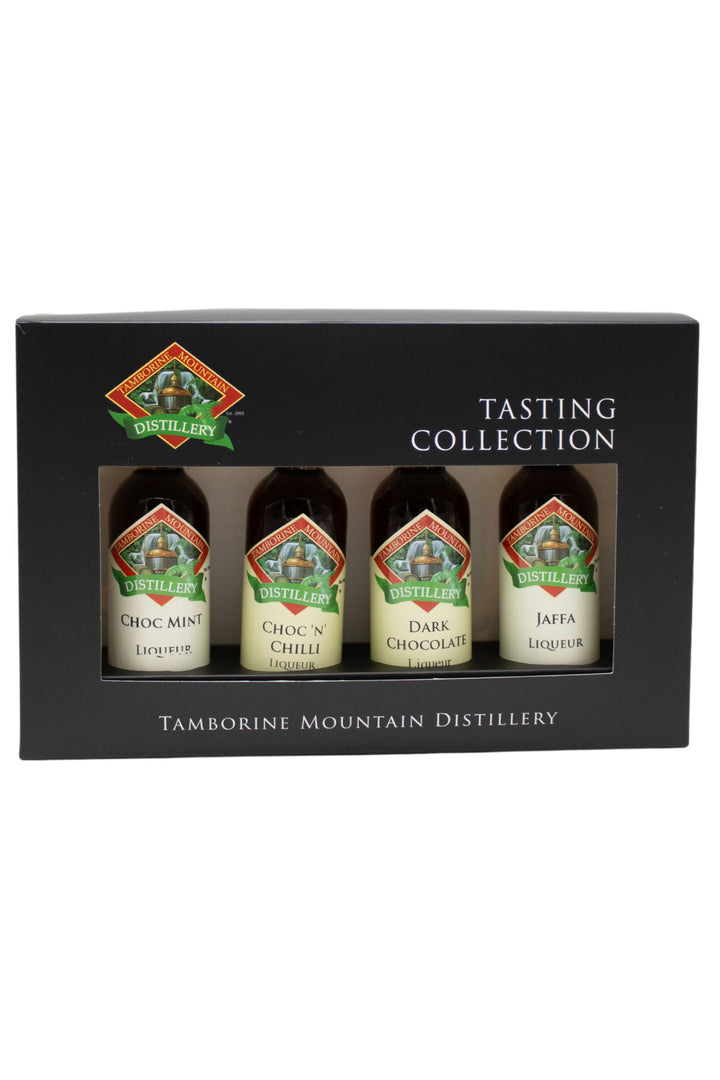 Tamborine Mountain Distillery 4 x 55ml Chocolate pack gift box, closed, with branding and design visible.