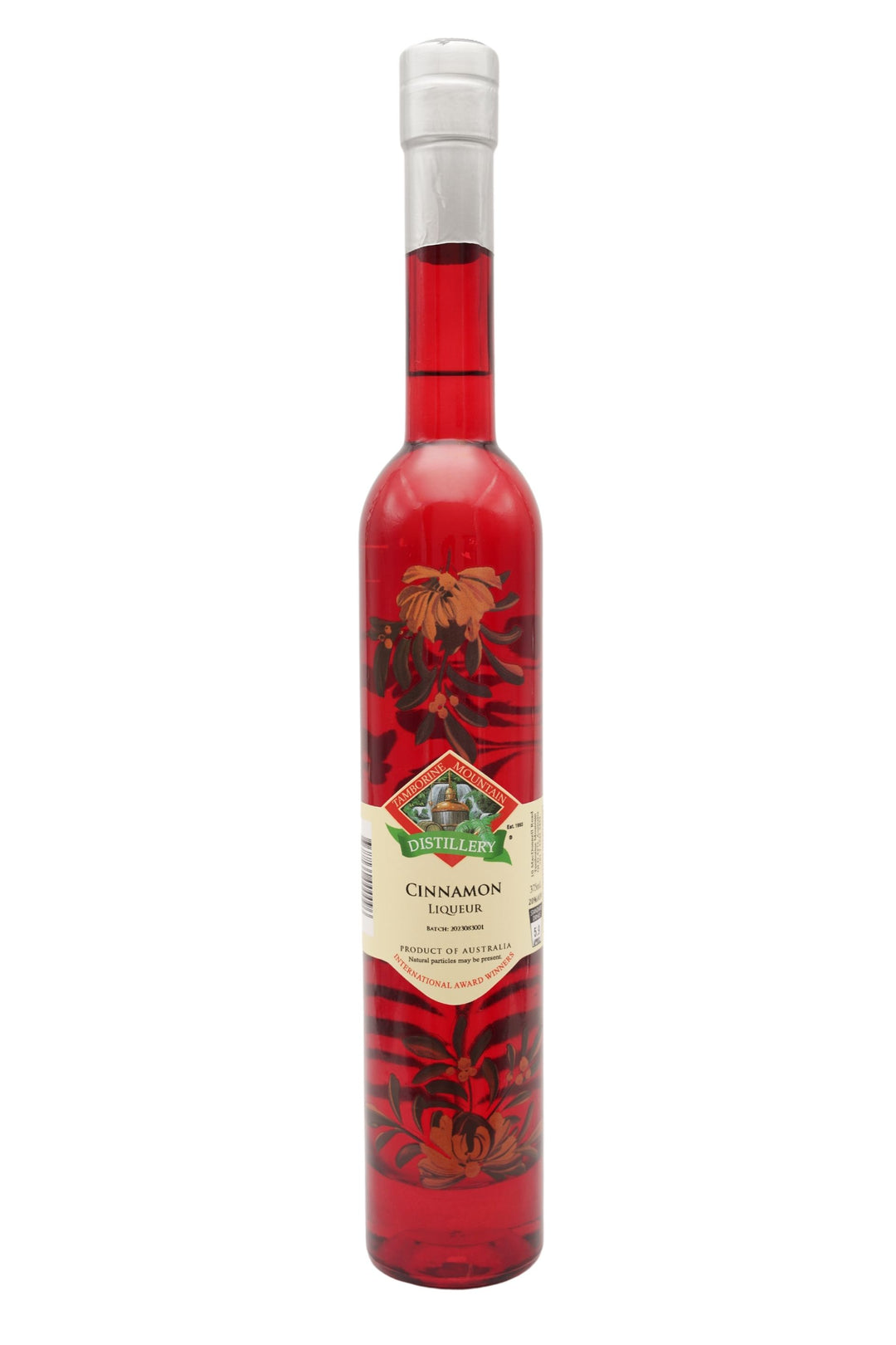 375ml handcrafted bottle of Tamborine Mountain Distillery’s Cinnamon Liqueur, featuring botanical artwork, coloured glass, and small artisan label
