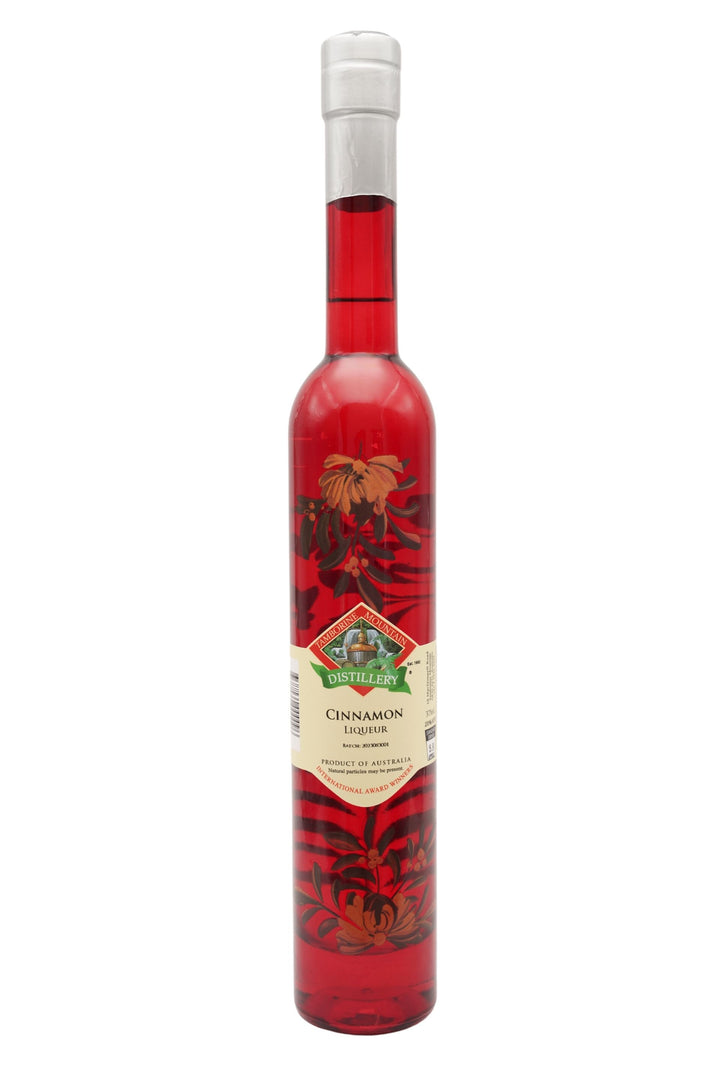375ml handcrafted bottle of Tamborine Mountain Distillery’s Cinnamon Liqueur, featuring botanical artwork, coloured glass, and small artisan label