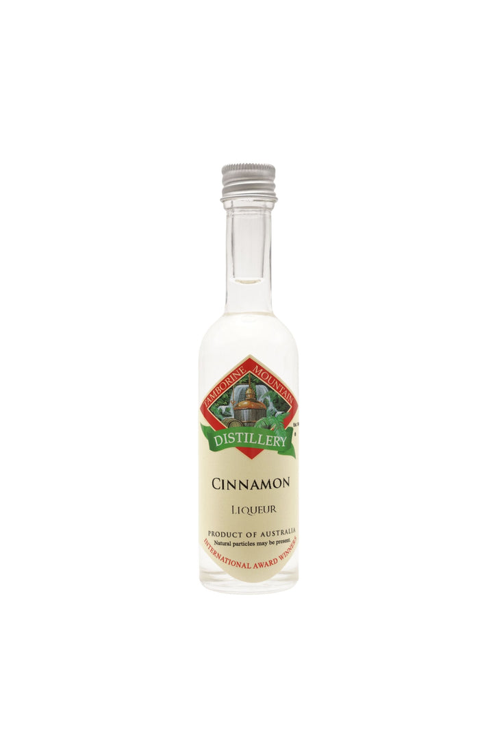 55ml handcrafted bottle of Tamborine Mountain Distillery’s Cinnamon Liqueur, in clear glass with small artisan label