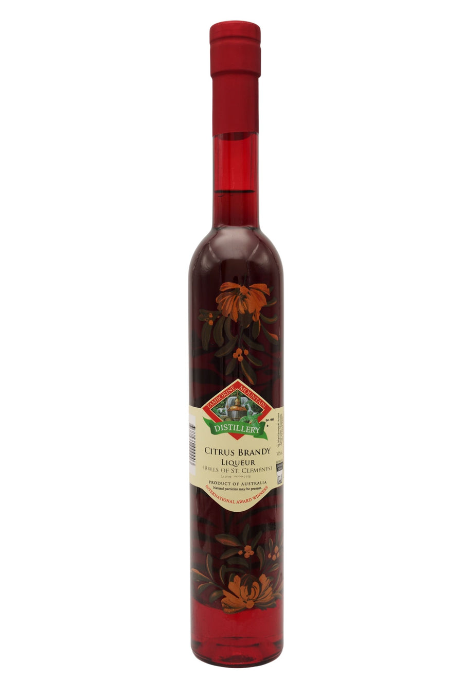 375ml handcrafted bottle of Tamborine Mountain Distillery’s Citrus Brandy Liqueur, featuring botanical artwork, coloured glass, and small artisan label
