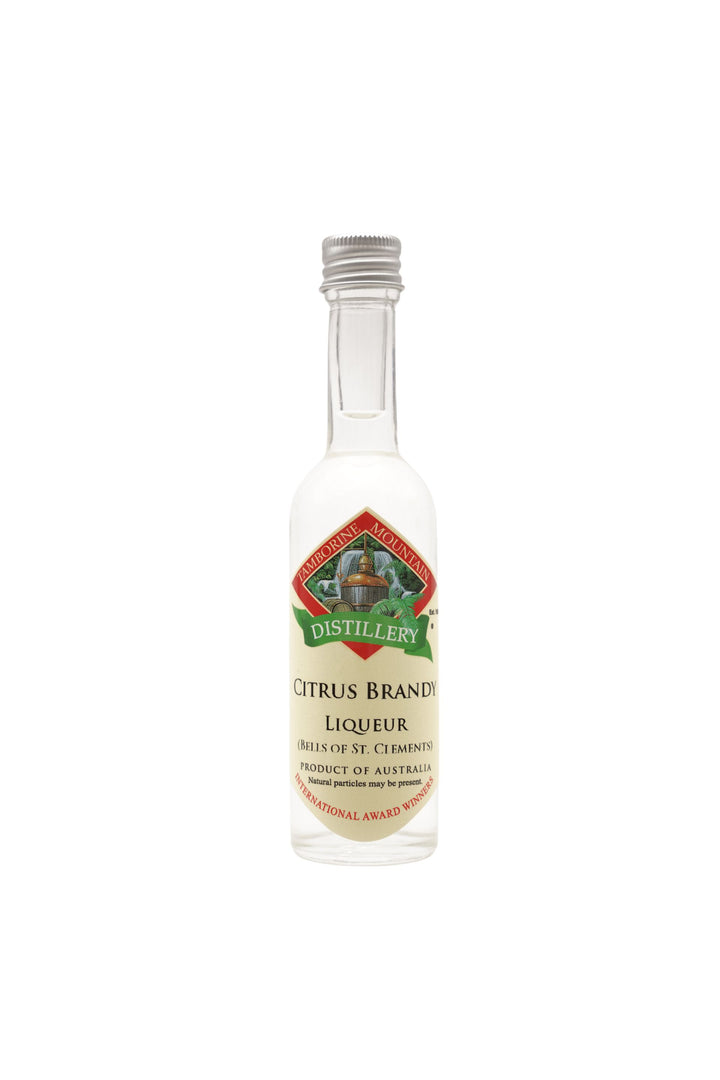 55ml handcrafted bottle of Tamborine Mountain Distillery’s Citrus Brandy Liqueur, in clear glass with small artisan label