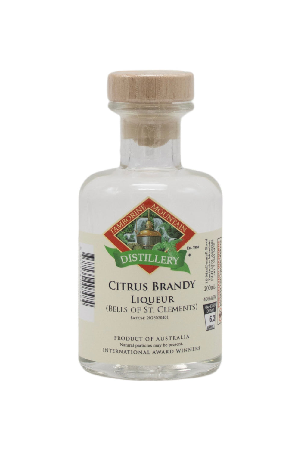 200ml handcrafted bottle of Tamborine Mountain Distillery’s Citrus Brandy Liqueur, in clear glass with small artisan label