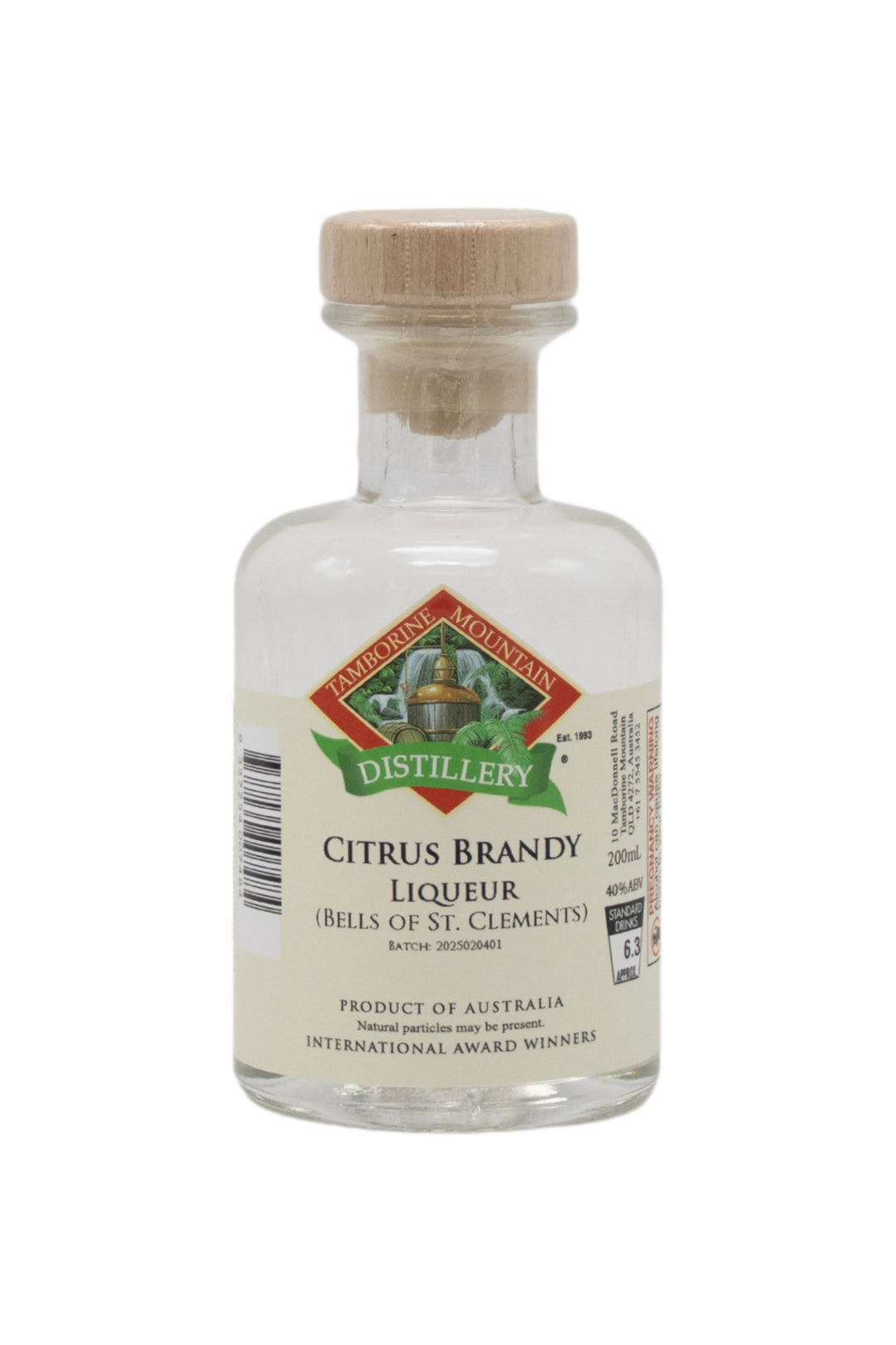 200ml handcrafted bottle of Tamborine Mountain Distillery’s Citrus Brandy Liqueur, in clear glass with small artisan label