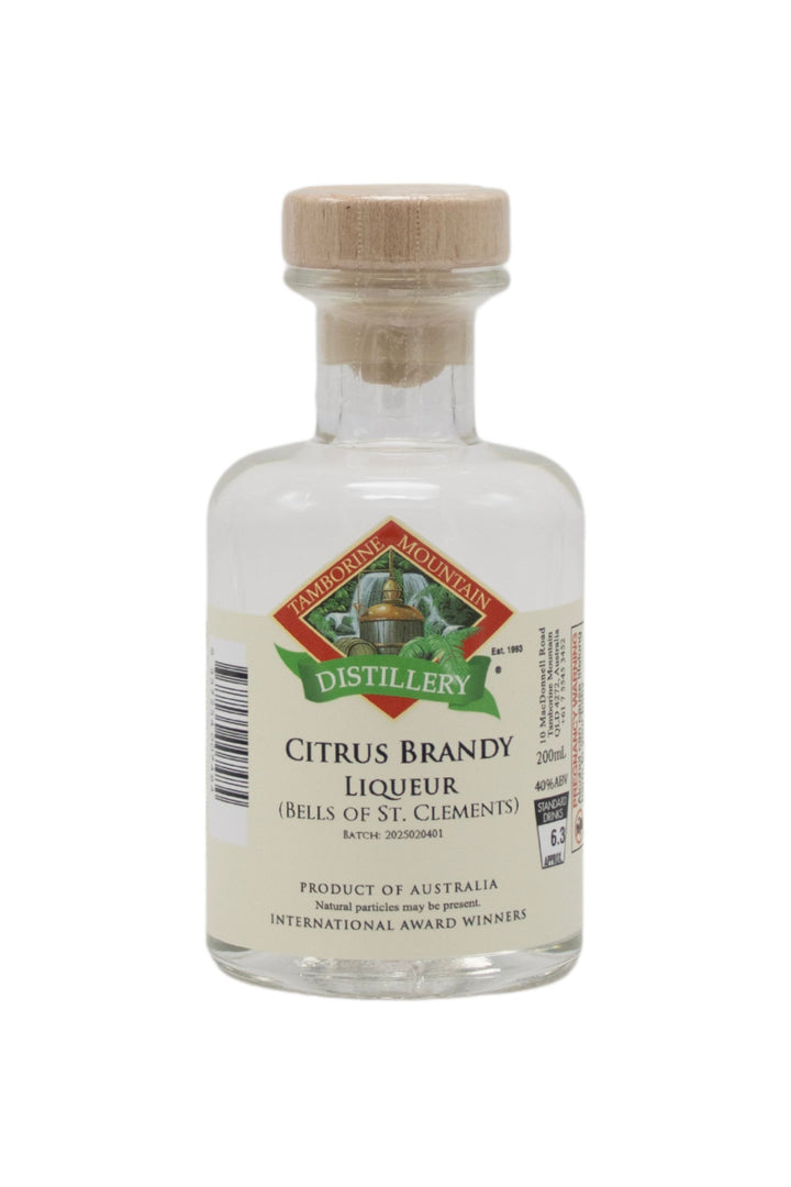 200ml handcrafted bottle of Tamborine Mountain Distillery’s Citrus Brandy Liqueur, in clear glass with small artisan label