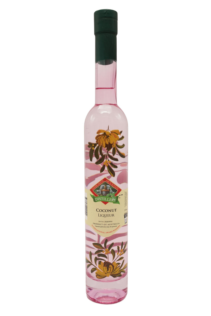 375ml handcrafted bottle of Tamborine Mountain Distillery’s Coconut Liqueur, featuring botanical artwork, coloured glass, and small artisan label