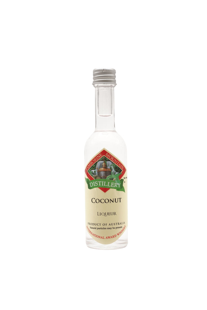 55ml handcrafted bottle of Tamborine Mountain Distillery’s Coconut Liqueur, in clear glass with small artisan label