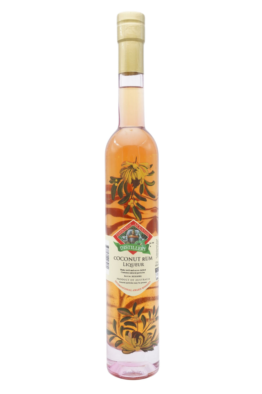 375ml handcrafted bottle of Tamborine Mountain Distillery’s Coconut Rum Liqueur, featuring botanical artwork, coloured glass, and small artisan label