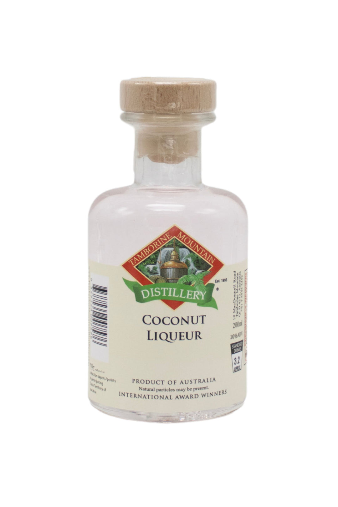 200ml handcrafted bottle of Tamborine Mountain Distillery’s Coconut Liqueur, in clear glass with small artisan label