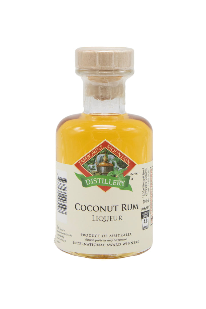200ml handcrafted bottle of Tamborine Mountain Distillery’s Coconut Rum Liqueur, in clear glass with small artisan label