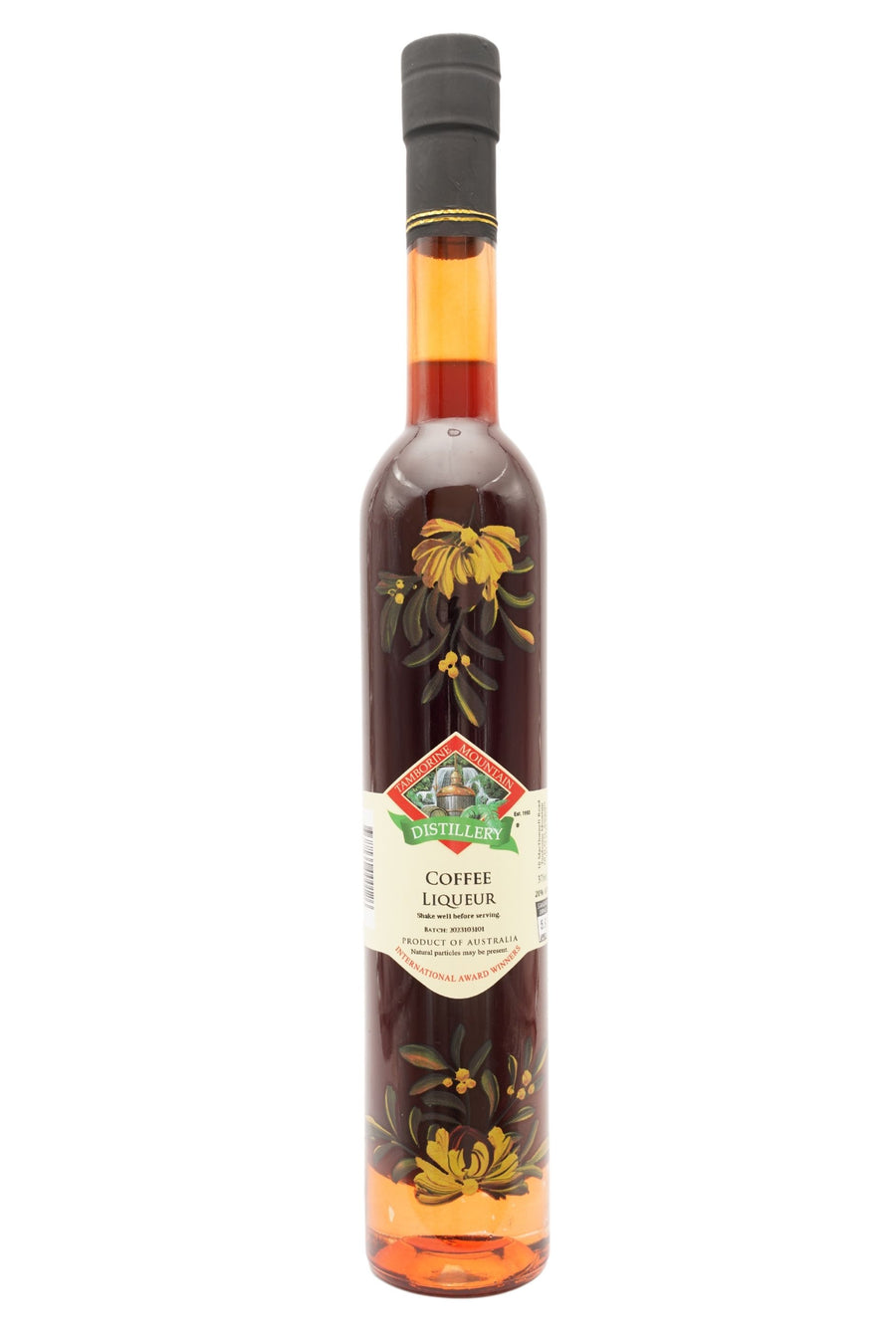 375ml handcrafted bottle of Tamborine Mountain Distillery’s Coffee Liqueur, featuring botanical artwork, coloured glass, and small artisan label