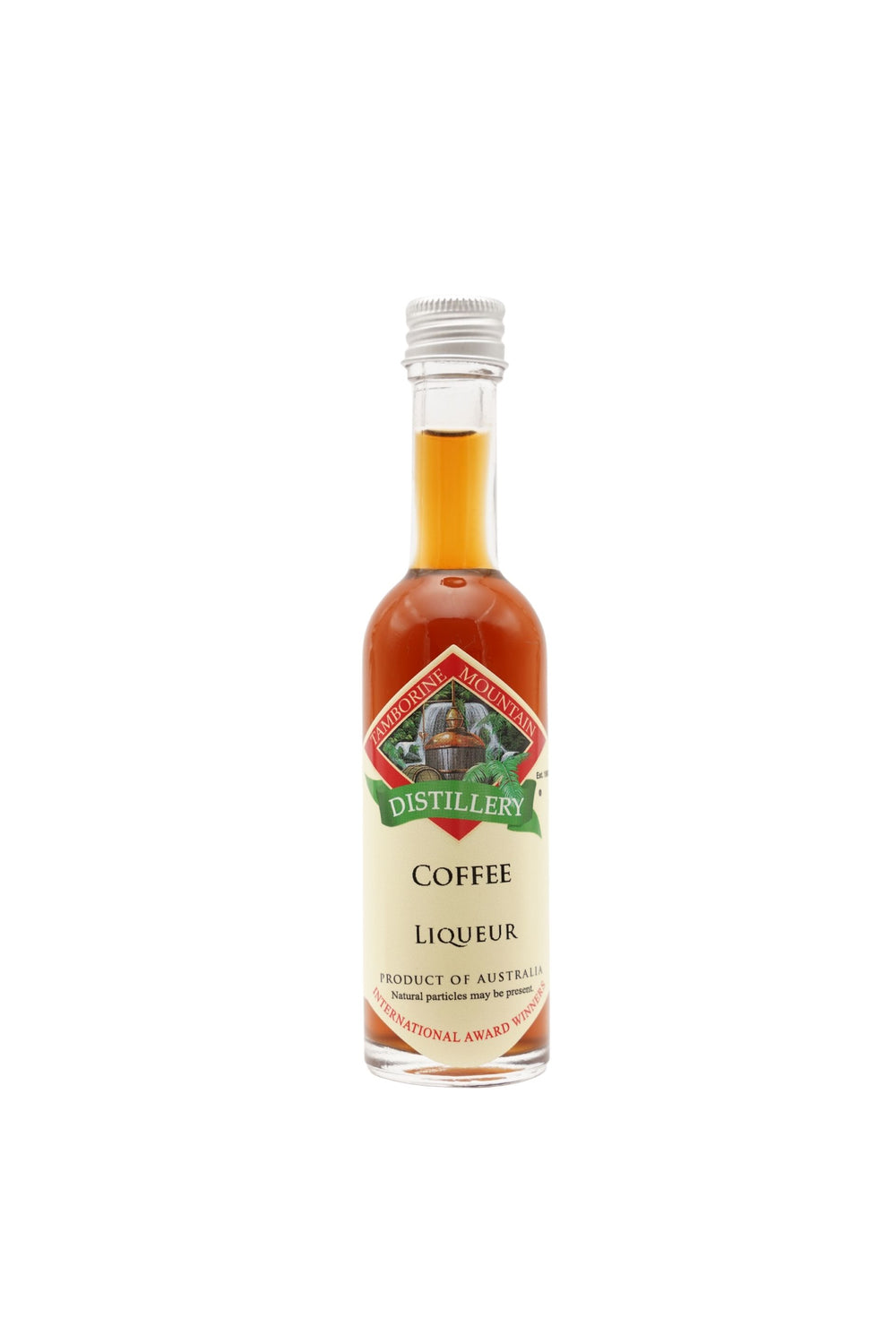55ml handcrafted bottle of Tamborine Mountain Distillery’s Coffee Liqueur, in clear glass with small artisan label