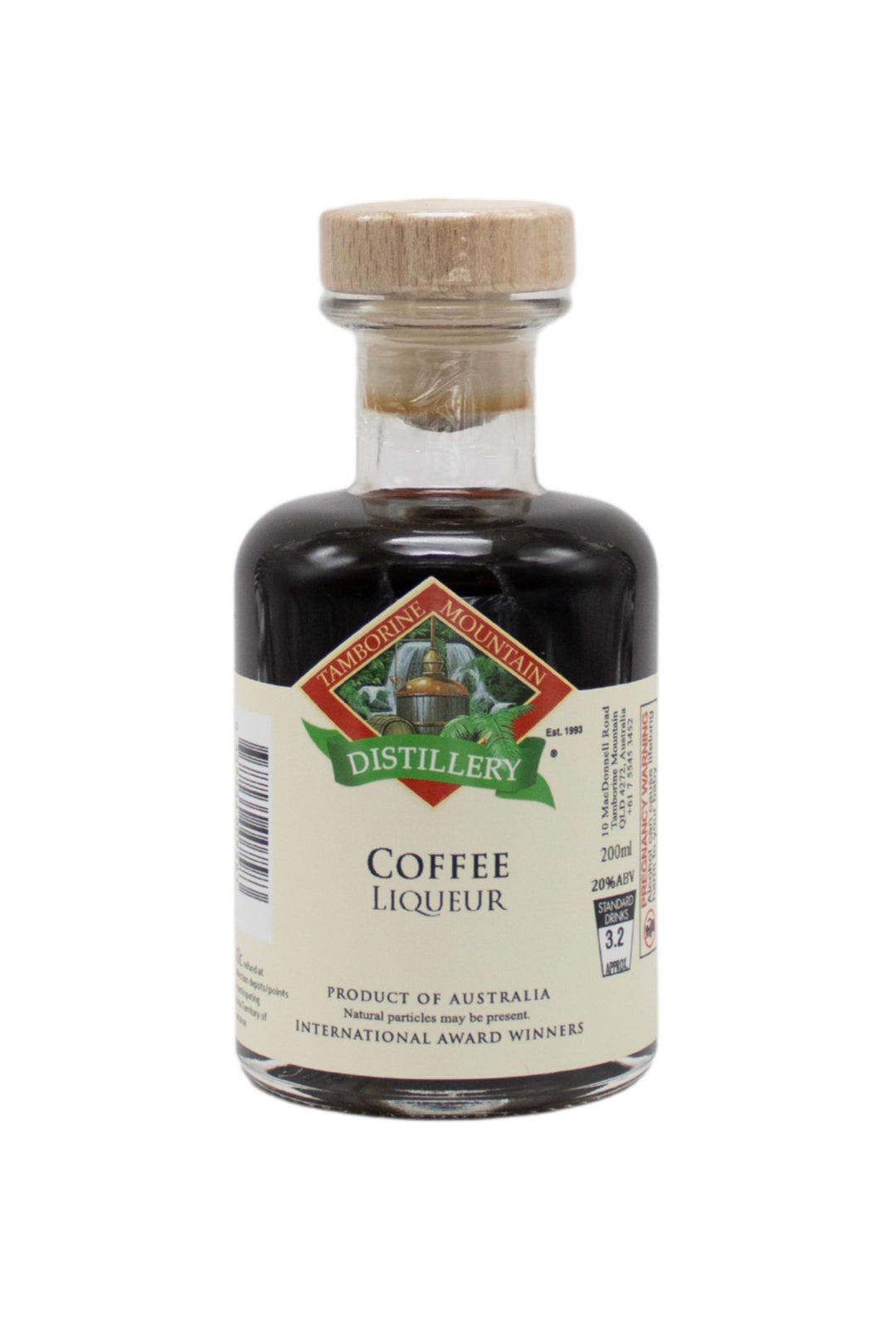 200ml handcrafted bottle of Tamborine Mountain Distillery’s Coffee Liqueur, in clear glass with small artisan label