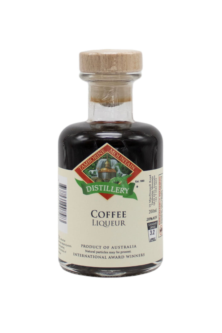 200ml handcrafted bottle of Tamborine Mountain Distillery’s Coffee Liqueur, in clear glass with small artisan label