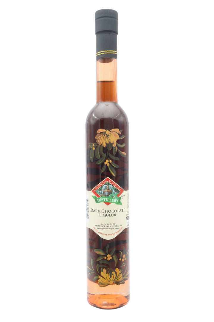375ml handcrafted bottle of Tamborine Mountain Distillery’s Chocolate Liqueur, featuring botanical artwork, coloured glass, and small artisan label