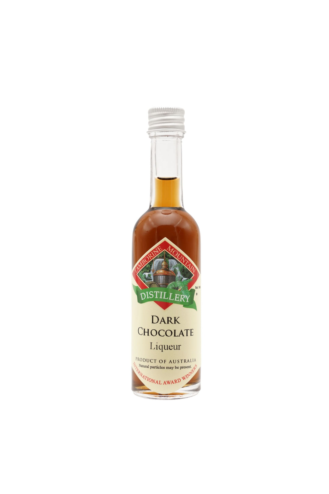 55ml handcrafted bottle of Tamborine Mountain Distillery’s Chocolate Liqueur, in clear glass with small artisan label