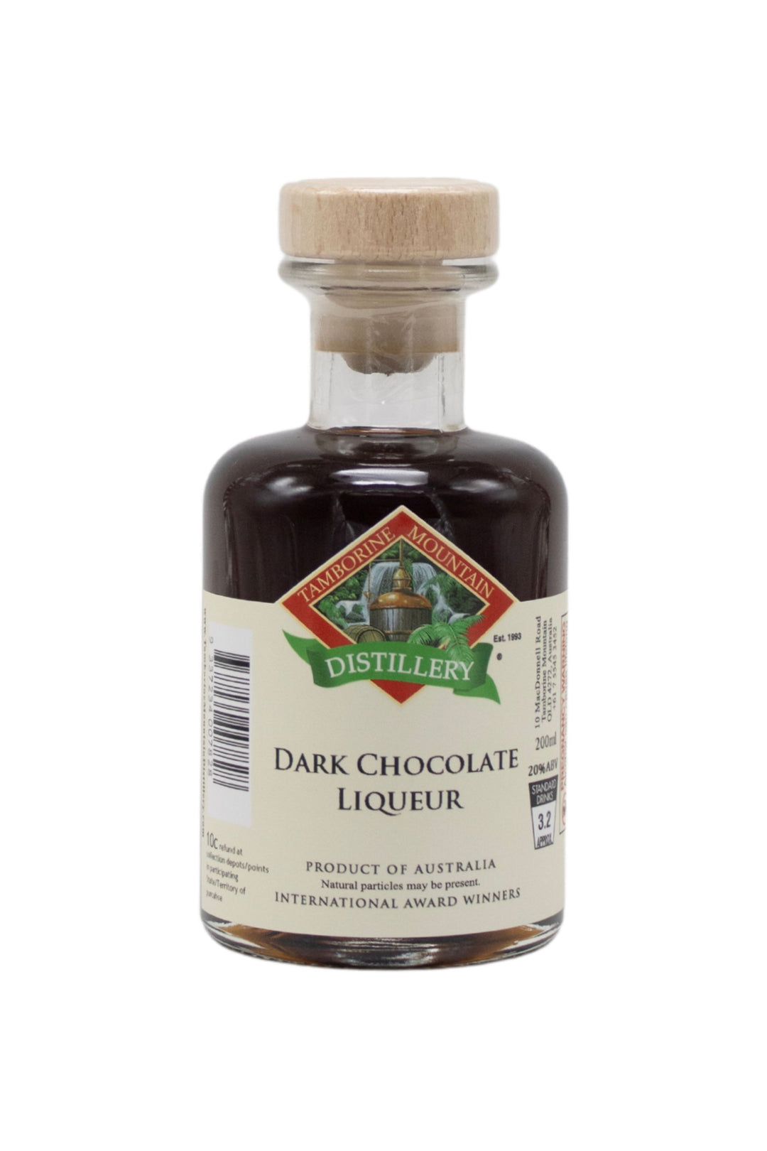 200ml handcrafted bottle of Tamborine Mountain Distillery’s Chocolate Liqueur, in clear glass with small artisan label