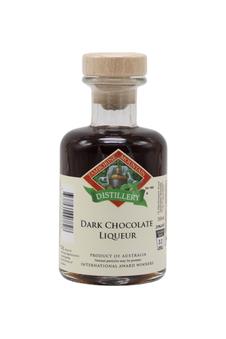 200ml handcrafted bottle of Tamborine Mountain Distillery’s Chocolate Liqueur, in clear glass with small artisan label