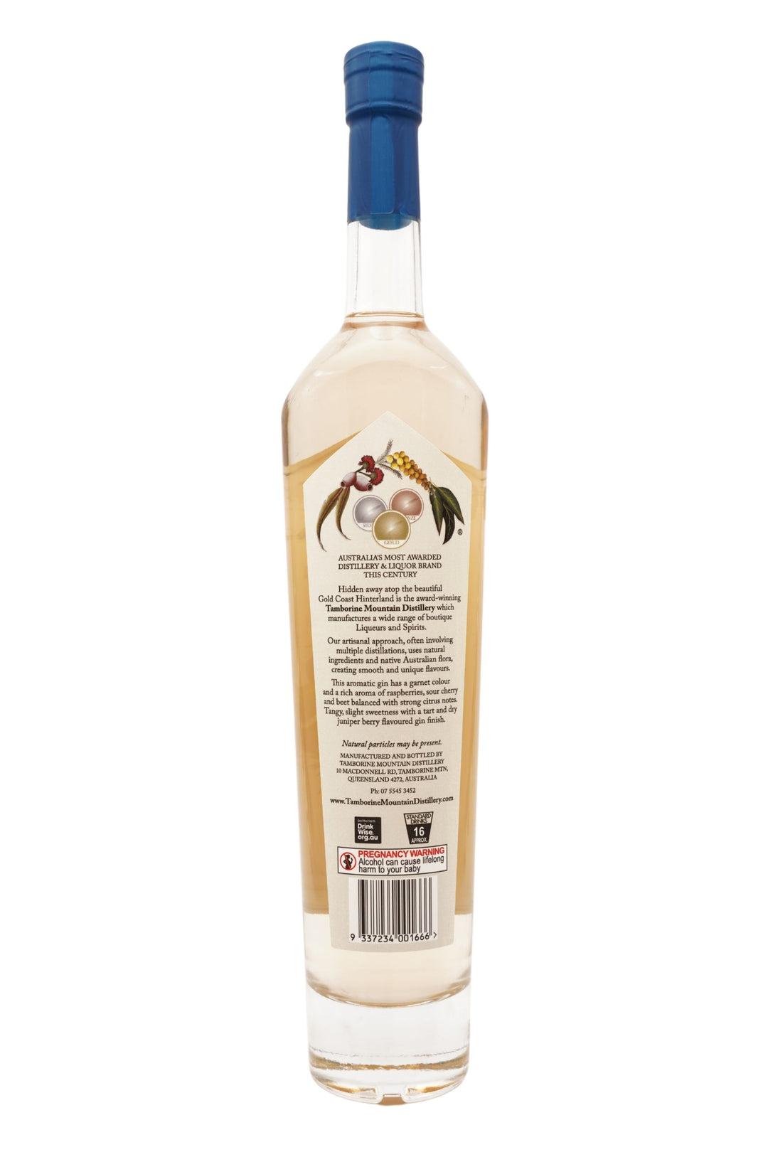 Back view of 500ml handcrafted clear glass bottle of Tamborine Mountain Distillery’s Davidson Plum Gin, featuring a label and a watercolour design