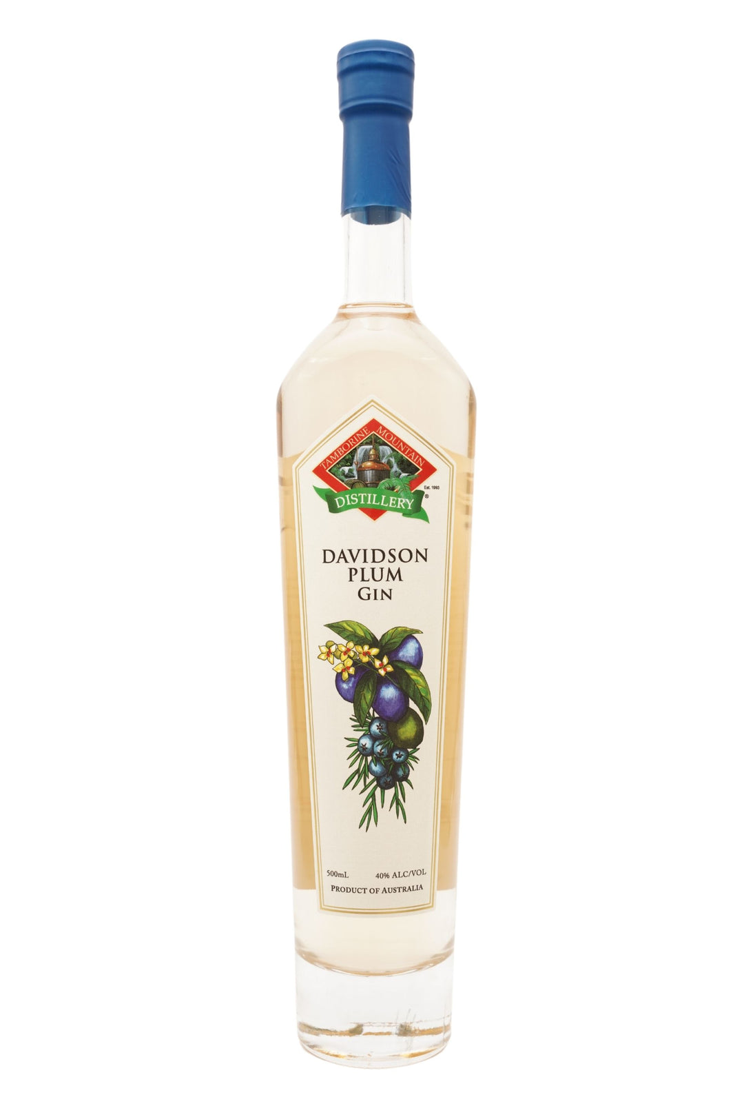Front view of 500ml handcrafted clear glass bottle of Tamborine Mountain Distillery’s Davidson Plum Gin, featuring a label and a watercolour design
