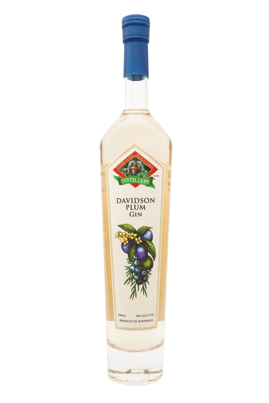 Front view of 500ml handcrafted clear glass bottle of Tamborine Mountain Distillery’s Davidson Plum Gin, featuring a label and a watercolour design